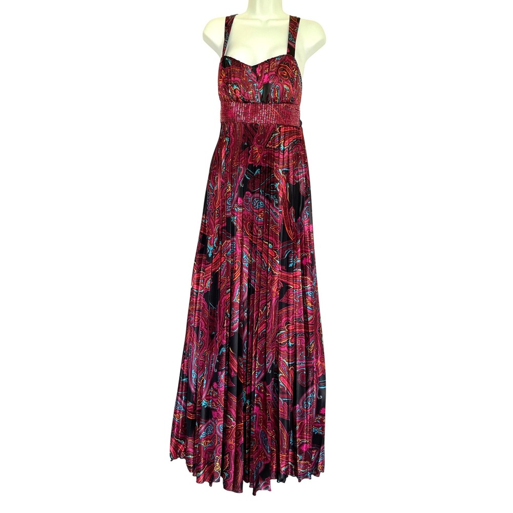 Sequin Hearts Maxi Dress M Pink Paisley Formal Prom Gown Y2K Beaded Empire